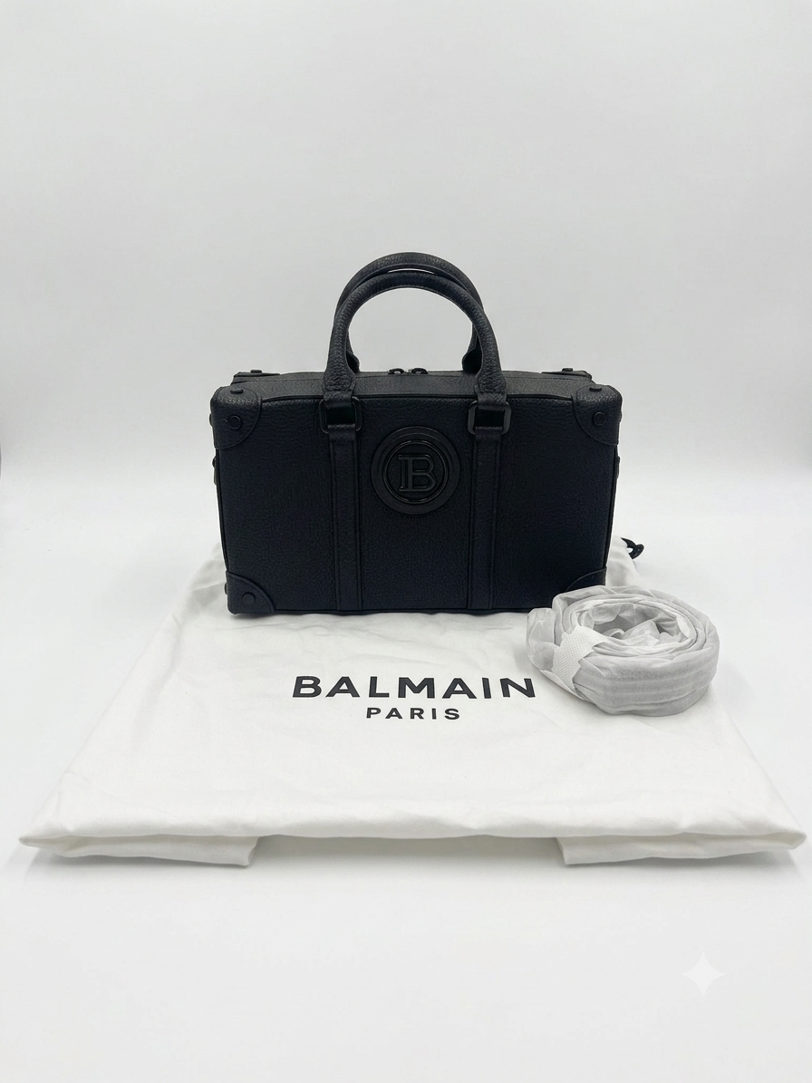 Balmain – Black Leather Trunk Handbag / Boston Bag